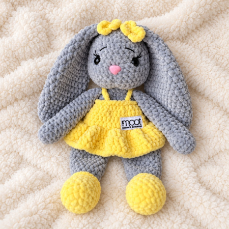 Iepuraș croșetat manual Lala gri cu rochiță galbenă, 35 cm [2]