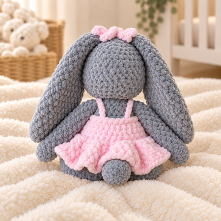 Iepuraș croșetat manual Lala gri cu rochiță roz, 35 cm [4]