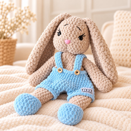 Iepuraș croșetat manual Lulu bej cu salopetă bleu, 35 cm [1]