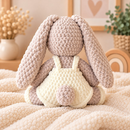 Iepuraș croșetat manual Lulu bej cu salopetă crem, 35 cm [4]