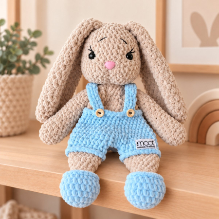 Iepurași - Iepuraș croșetat manual Lulu bej cu salopetă bleu, 35 cm