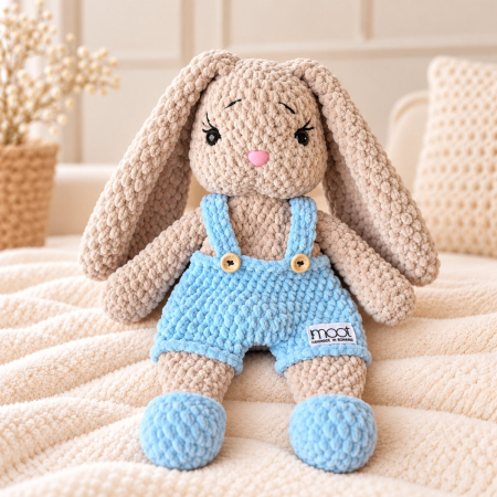 Iepuraș croșetat manual Lulu bej cu salopetă bleu, 35 cm [3]