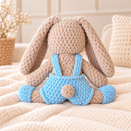 Iepuraș croșetat manual Lulu bej cu salopetă bleu, 35 cm [4]
