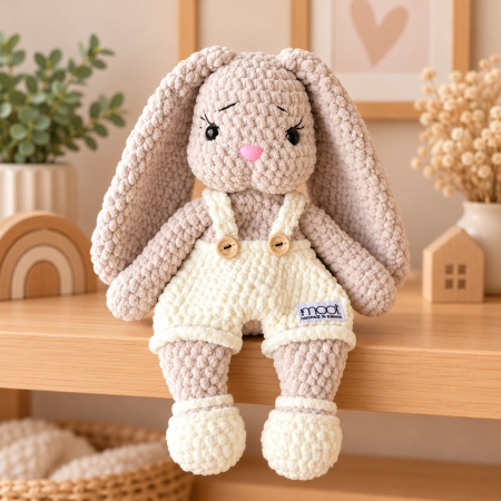 Iepurași - Iepuraș croșetat manual Lulu bej cu salopetă crem, 35 cm