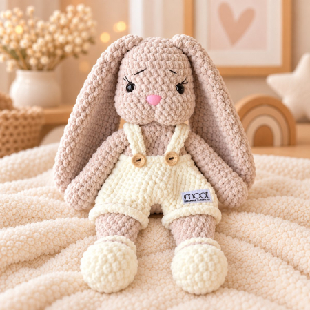 Iepuraș croșetat manual Lulu bej cu salopetă crem, 35 cm [3]