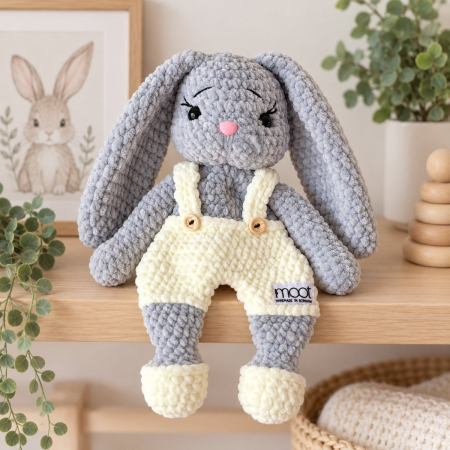 Iepurași - Iepuraș croșetat manual Lulu gri cu salopetă crem, 35 cm