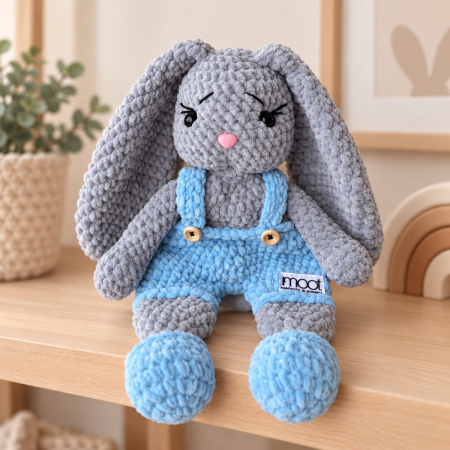Iepurași - Iepuraș croșetat manual Lulu gri cu salopetă bleu, 35 cm