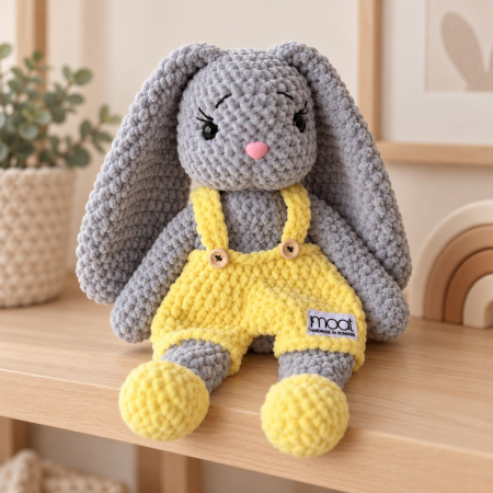 Iepurași - Iepuraș croșetat manual Lulu gri cu salopetă galbenă, 35 cm