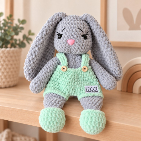Iepurași - Iepuraș croșetat manual Lulu gri cu salopetă verde, 35 cm