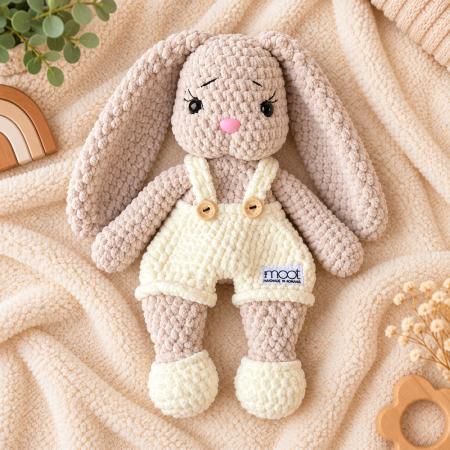 Iepuraș croșetat manual Lulu bej cu salopetă crem, 35 cm [2]