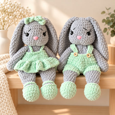 Seturi cadou - Set iepurași croșetați manual Lala și Lulu, jucării de pluș 35 cm + carte cadou – MOOT Concept