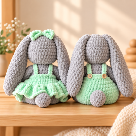 Set iepurași croșetați manual Lala și Lulu, jucării de pluș 35 cm + carte cadou – MOOT Concept [2]