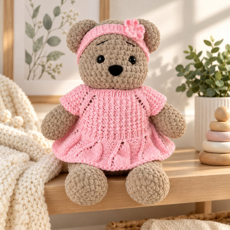Ursuleți - Ursuleț croșetat manual Mimi cu rochiță și bentiță roz, 35 cm