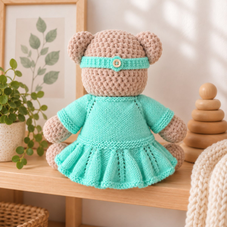 Ursuleț croșetat manual Mimi cu rochiță și bentiță turcoaz, 35 cm [3]