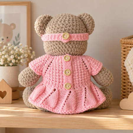 Ursuleț croșetat manual Mimi cu rochiță și bentiță roz, 35 cm [3]