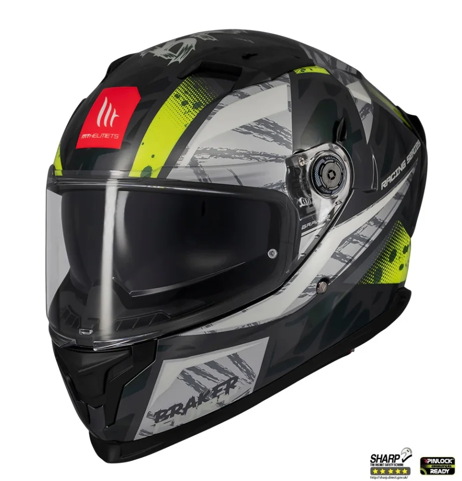 MT Helmets - Casca integrala MT Braker SV Fury C6 gri/galben lucios (ochelari soare integrati) - tip viziera: MT-V-28B - DKS435 - punctaj maxim SHARP Test - 5 stele