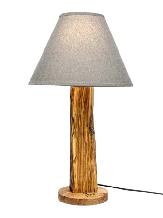 Lampi handmade din lemn masiv – Iluminat natural - Lampă handmade din lemn de măslin cu abajur gri – unicat