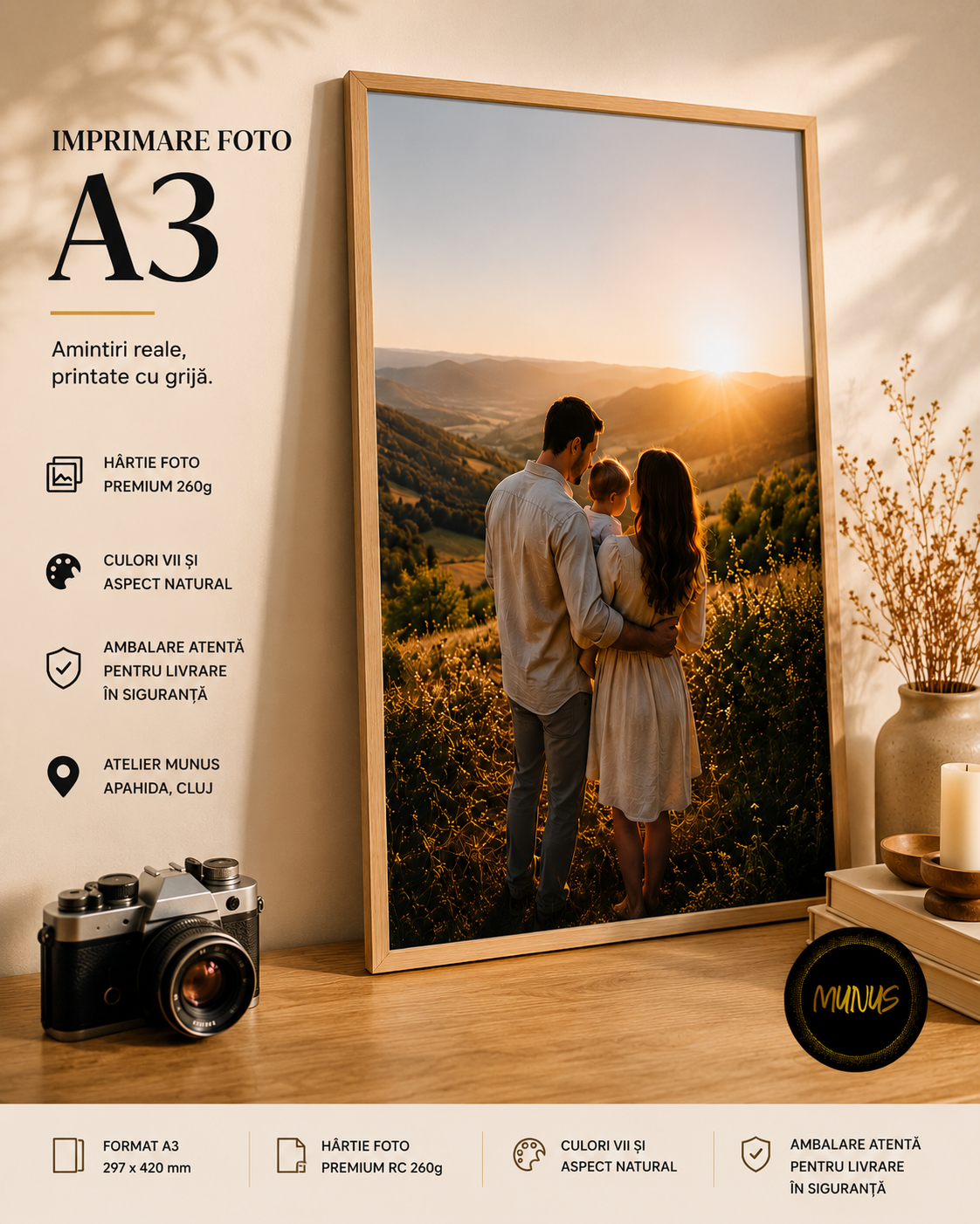 Imprimare foto - Imprimare Foto A3 cu Rama Lemn Natur pe Hartie Foto Premium 260g - Munus Cluj