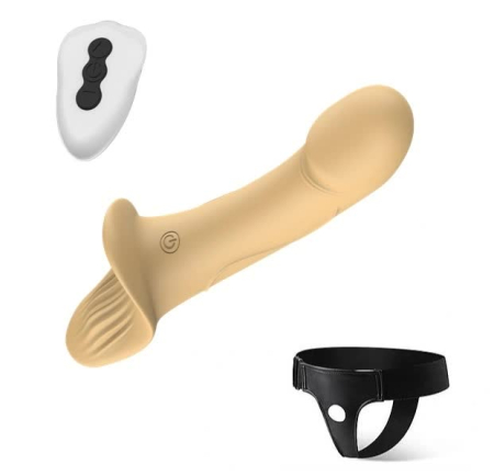 Dildo - Strap-On pentru Femei Double Fun, Remote Control, 9 Moduri Vibratii, 2 Motoare, Silicon, USB, Natural, 24.5 cm, Guilty Toys