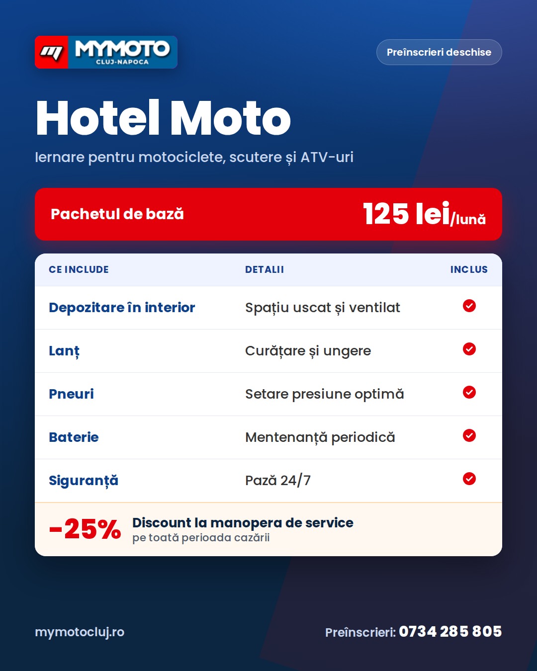 Hotel moto MYMOTO Cluj, pachetul de bază 125 lei pe lună: depozitare în interior, curățare și ungere lanț, presiune pneuri, mentenanță baterie, pază 24/7, 25% discount la manopera de service