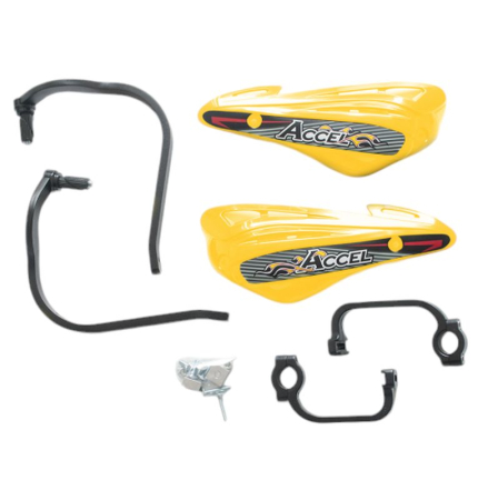 Prindere ghidon - ACCEL protectii maini (handguards) cu prindere din aluminiu strong (22+28MM) prindere 2 punktowe (alu-negru, plastik-galben)