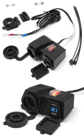 Prize - BIKETEC - priza moto 12V cu 2 porturi USB si intrerupator, montaj pe ghidon / tub MUS06