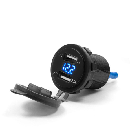 Prize - BIKETEC - priza moto dubla cu iluminare si voltmetru, montaj pe suprafata plana sau pe ghidon, necesita adaptor BTMUS28