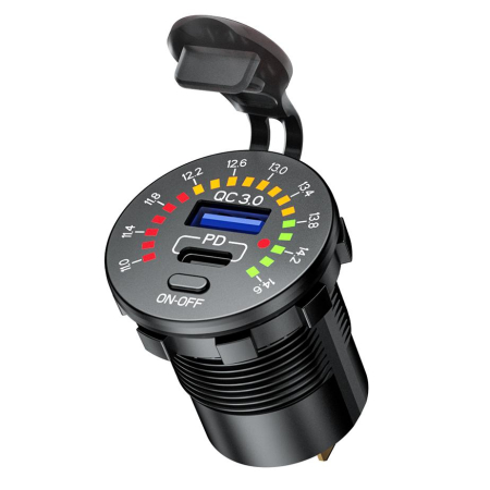 Prize - BIKETEC - priza moto dubla USB-C + USB QC 3.0 40W PD cu voltmetru, montaj pe suprafata plana sau pe ghidon, necesita adaptor BTMUS28