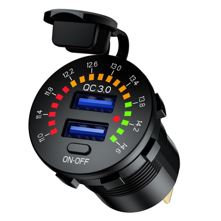 Prize - BIKETEC - priza moto dubla USB QC 3.0 36W cu voltmetru, montaj pe suprafata plana sau pe ghidon, necesita adaptor BTMUS28