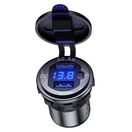 Prize - BIKETEC - priza moto dubla USB QC 3.0 36W cu voltmetru, montaj pe suprafata plana sau pe ghidon, necesita adaptor BTMUS28