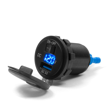 Prize - BIKETEC - priza moto USB QUICK charge cu voltmetru si intrerupator, montaj pe suprafata plana sau pe ghidon, necesita adaptor BTMUS28