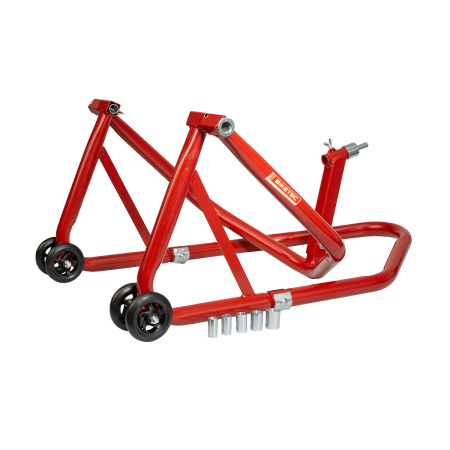 Unelte de ridicare / transport - BIKETEC - stand / cric moto pro sub jugul cadrului + adaptoare tip L pentru bascula spate (pini 11,15,18,20,24 mm) - rosu