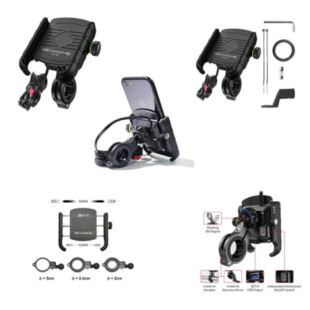 Suporti telefon/GPS - BIKETEC - suport telefon moto cu incarcare USB 3.0, montaj pe ghidon sau oglinda, tip R9-METAL USB QC