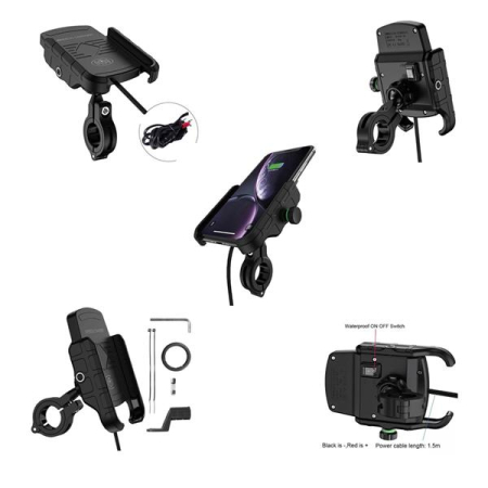 Suporti telefon/GPS - BIKETEC - suport telefon moto cu incarcare wireless, montaj pe ghidon sau oglinda, tip R9W-METAL