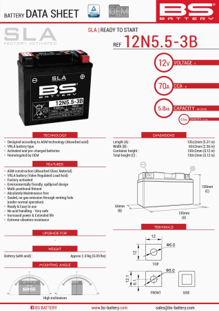Baterii - BS BATTERY - acumulator 12N5,5-3B (FA) (12N5,5-3B), 12V, 5.5Ah, 70A, 138x61x131 mm, fara intretinere, activat de fabrica