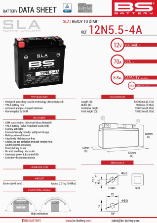 Baterii - BS BATTERY - acumulator 12N5,5-4A (FA) (12N5,5-4A), 12V, 5.5Ah, 70A, 138x61x131 mm, fara intretinere, activat de fabrica