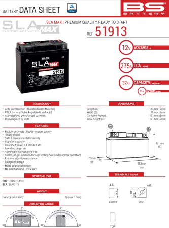Baterii - BS BATTERY - acumulator 51913/51814 MAX (FA) (G12-19,SLA12-19,SLA12-22), SLA, 12V, 21Ah, 275A, 183x79x171 mm, fara intretinere, activat de fabrica