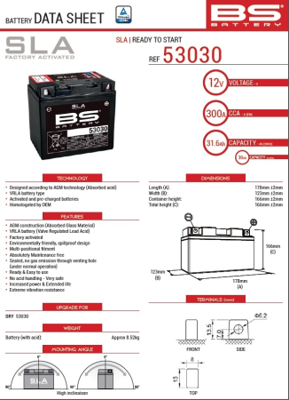 Baterii - BS BATTERY - acumulator 53030 (52515) (FA), 12V, 31.6Ah, 300A, 178x123x166 mm, fara intretinere, activat de fabrica