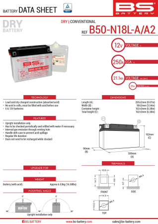 Baterii - BS BATTERY - acumulator B50-N18L-A/A2 (Y50-N18L-A/A2), 12V, 20Ah, 205x90x162 mm, cu intretinere, 