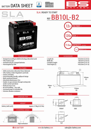 Baterii - BS BATTERY - acumulator BB10L-B2 (FA) (YB10L-B2,YB10L-A2), 12V, 11Ah, 160A, 136x91x146 mm, fara intretinere, activat de fabrica, inlocuieste 300834