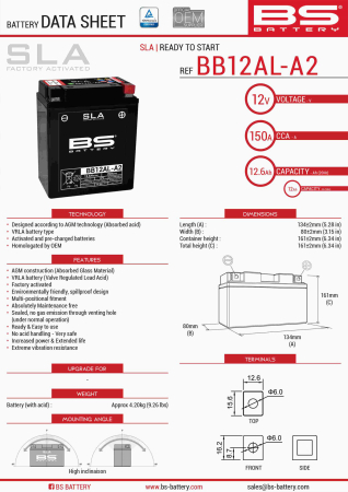Baterii - BS BATTERY - acumulator BB12AL-A2 (FA) (YB12AL-A2), 12V, 12Ah, 150A, 135x81x161 mm, fara intretinere, activat de fabrica
