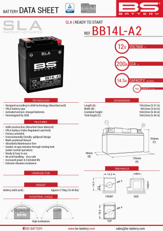 Baterii - BS BATTERY - acumulator BB14L-A2 (FA) (YB14L-A2,YB14L-B2), 12V, 14Ah, 210A, 135x91x167 mm, fara intretinere, activat de fabrica, inlocuieste 300835