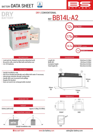 Baterii - BS BATTERY - acumulator BB14L-A2 (YB14L-A2), 12V, 14Ah, 175A, 135x91x167 mm, cu intretinere, 