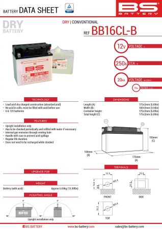 Baterii - BS BATTERY - acumulator BB16CL-B (YB16CL-B), 12V, 19Ah, 250A, 175x100x175 mm, cu intretinere, 
