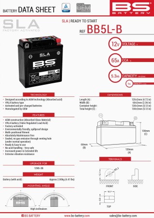 Baterii - BS BATTERY - acumulator BB5L-B (FA) (YB5L-B) (12N5-3B), 12V, 5Ah, 65A, 120x60x130 mm, fara intretinere, activat de fabrica