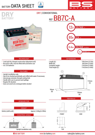 Baterii - BS BATTERY - acumulator BB7C-A (YB7C-A), 85A, 130x90x114 mm, cu intretinere, 