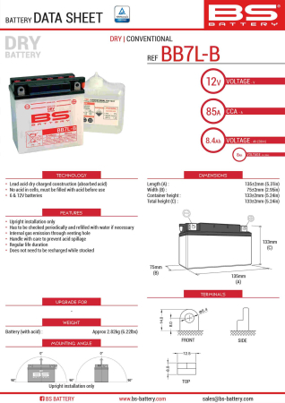Baterii - BS BATTERY - acumulator BB7L-B (YB7L-B) (12N7-3B) (YB7L-B2), 12V, 8Ah, 85A, 135x75x133 mm, cu intretinere, 