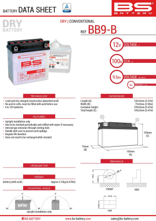 Baterii - BS BATTERY - acumulator BB9-B (YB9-B) (12N9-4B-1), 12V, 9Ah, 115A, 135x75x139 mm, cu intretinere, 