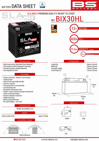 CONSUMABILE SI INTRETINERE - BS BATTERY - acumulator BIX30HL MAX (FA) (YTX30L), 12V, 30Ah, 440A, 166x130x175 mm, fara intretinere, activat de fabrica