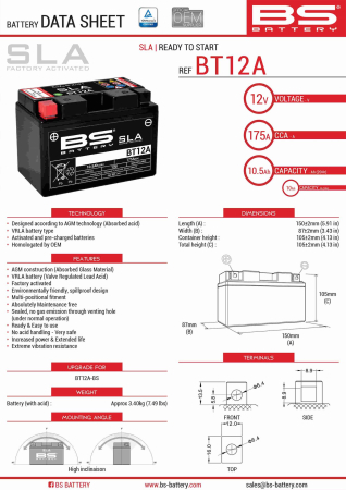 Baterii - BS BATTERY - acumulator BT12A (FA) (YT12A-BS, YT12A), 12V, 10Ah, 175A, 152x88x106 mm, fara intretinere, activat de fabrica